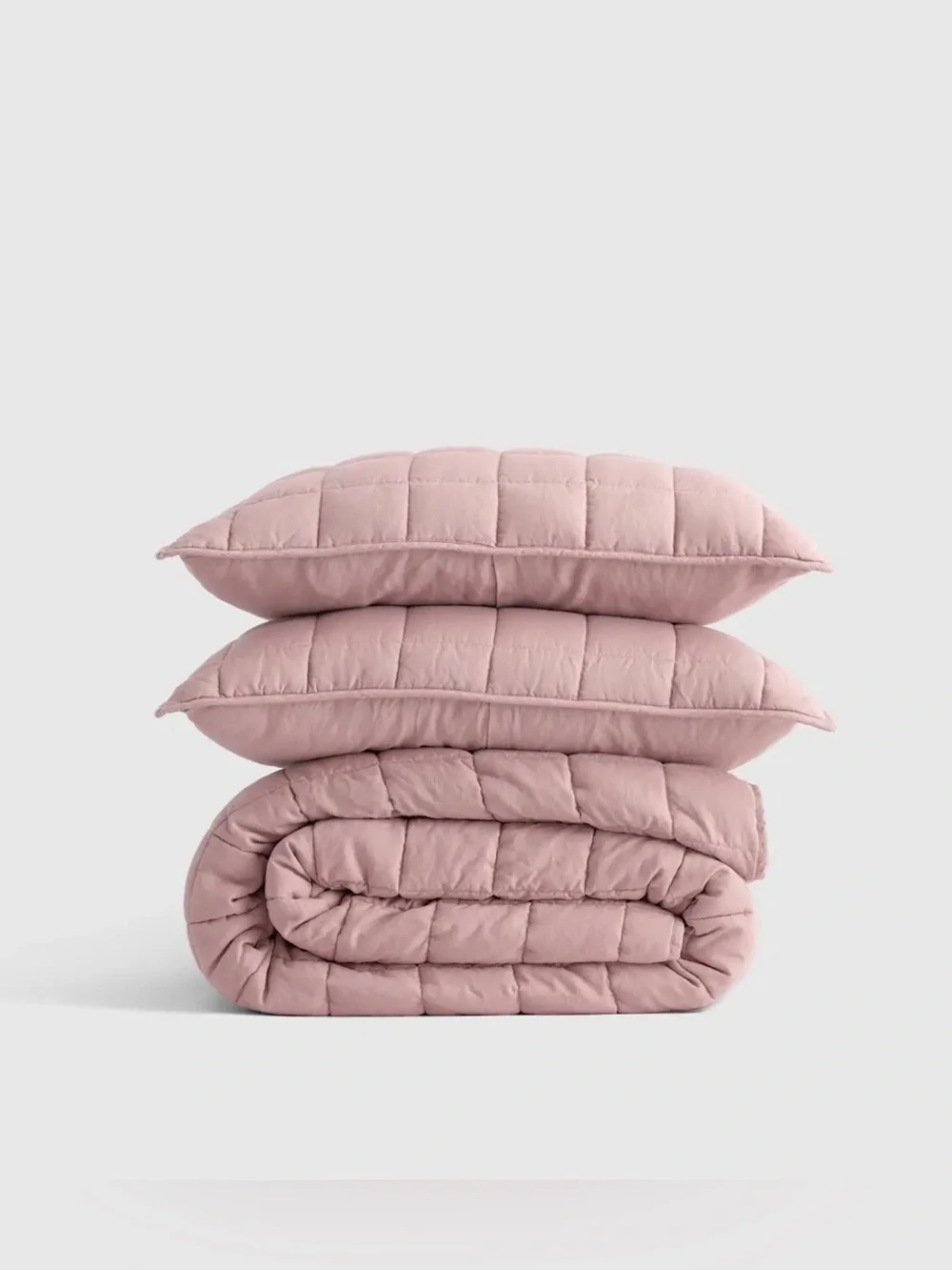 Quince European Linen Box Quilt Set in Dusty Mauve w/ 2 King Pillow Shams